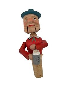 Vtg Italian Hand Carved Wooden Mechanical Cork Wine Stopper Man Drinking Beer