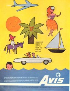1962 vintage travel AD AVIS CAR RENTALS , cartoon 'Happy' Ad 071618
