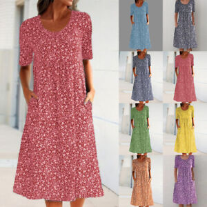 Plus Size Womens Boho Floral Midi Dress Ladies Summer Holiday Pockets Sundress
