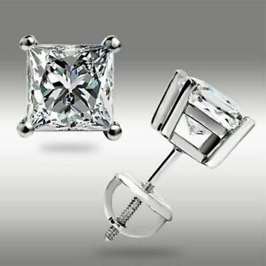 3Ct Princess Cut Lab Created Diamond Woman's Stud Earrings 14K White Gold Plated