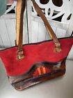 Vintage Red Suede and Brown Leather Trim Tote Bag Southwest Western