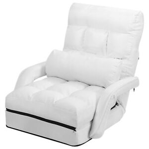 White Folding Lazy Sofa Floor Chair Sofa Lounger Bed with Armrests and Pillow