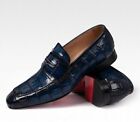 New Handmade Real Crocodile Texture Leather Blue Slip On Loafer Shoes For Men