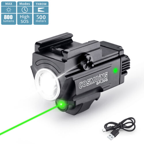 800 Lumens USB Rechargeable Green Laser Gun Weapon Pistol Light Flashlight Combo