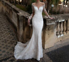 Mermaid Wedding Dresses Full Sleeves Lace Appliqued V-neck Illusion Bridal Gowns