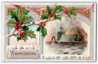 Christmas Postcard Holly Berries Winter Scene Hold To Light HTL c1910's Antique