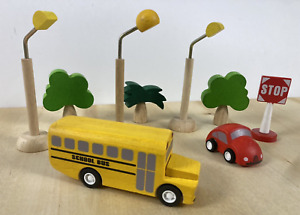 Plan City Wooden Toys School Bus, Car, 3 Streetlights, Stop Sign and 3 Trees
