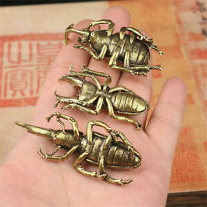 3Pcs Solid Brass Insect Figurine Beetle Statue Home Animal Decor Ornament Gifts