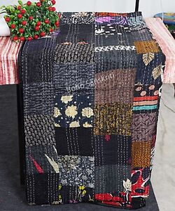 Vintage Patchwork Kantha Bedspread Indian Handmade Quilt Throw silk Blanket Boho