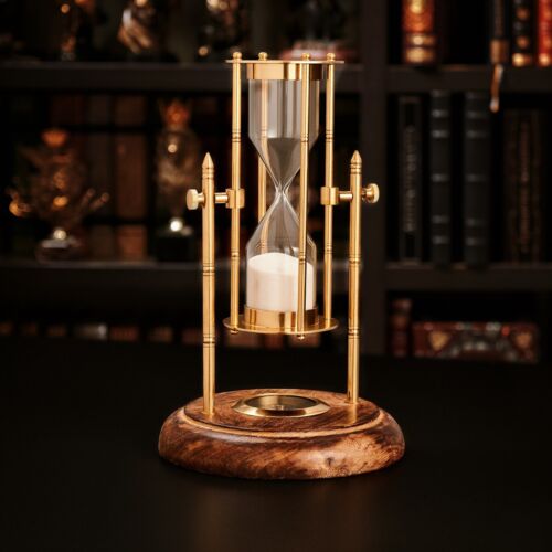 Hourglass & Compass Made of Brass Glass Wood Sand Vintage Antique by ROSS LONDON