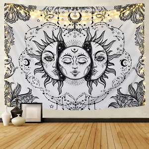 Sun and Moon Tapestry Black and White Tapestry Psychedelic Fractal Faces Tapestr