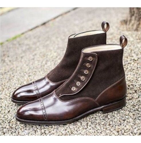 Handmade Brown Button Boots, Men Brown Formal Boot, Ankle Leather Boot