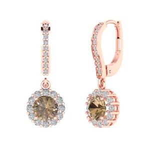 3.55ct Round Cut Halo Classic Drop Dangle Champagne CZ Earrings 14k rose Gold