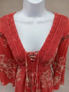 Torrid Shirt Women Size 1 Orange Floral Long Bell Sleeve Baby Doll Top Crochet