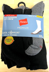 Hanes premium BIG & TALL Performance Cushion CREW Socks 10 PR Size 12-14 Blk/Gra