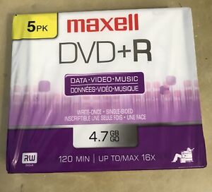 Maxell DVD+R Discs 4.7GB Five pack New Sealed
