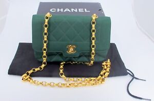 Original CHANEL Green Vintage Flap Satin Small Handbag With Box 
