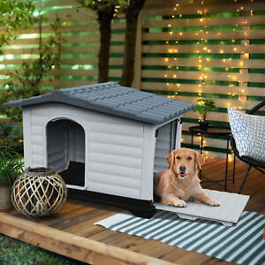 43.7'' Large Double Door Dog House with Porch & Cushion Outdoor Plastic Doghouse