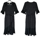 Anthropologie Fig and Flowers Dress Medium Black Polka Dot Faux Wrap High Low
