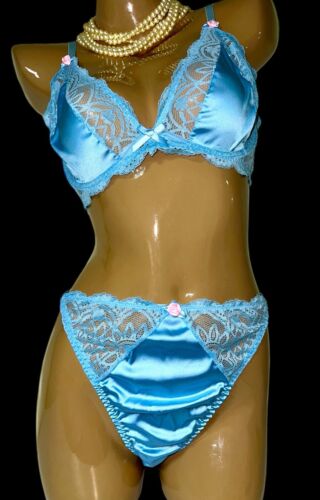 Vtg Styl Y2K Blue Second Skin Satin & Lace Bra & Bikini Thong Sissy Panty Set XL