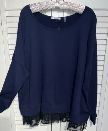 NEW Plus Size 3X Blue Sweater Knit Top Lace Hem $52