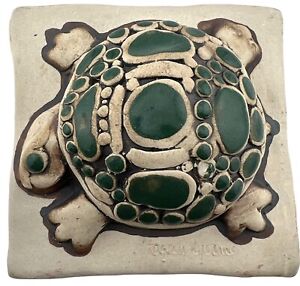 Signed Hogan Young Art Pottery Tile Green Turtle Mosaic Wall Hanging 4” x 4”