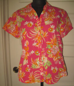 SAG HARBOR Pink Tropical Floral SS Button Up Top Shirt Blouse M