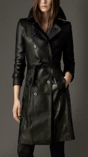 Women Black Genuine Real Leather Knee Length Trench Coat