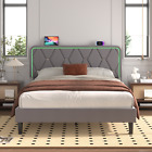 Twin/Full/Queen Upholstered Platform Bed Frame w/ LED Light and Charging Station