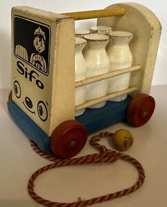 Antique Sifo Wood Milk Truck Child’s Pull Toy, WITH Milk Bottles 1950’s