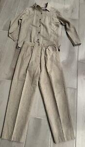 Linen Cotton Plain Beige Set Suit Blazer Pants Women Size S 10