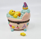 * WOW! VINTAGE BABY DUCKIE IN A BUBBLE BATH HINGED PORCELAIN TRINKET BOX * PHB *