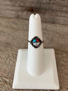 Vintage Inlaid Turquoise & MOP Sunface Western Native American Silver Ring Sz 6