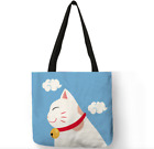15x15 SkyBlue Japanese Lucky Happy Cat Linen Tote Shoulder Weekender Library Bag