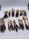 Vintage MCM 43 piece Thailand Brass  Rosewood  Flatware Siam  4 Place Settings