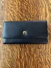 Etienne Aigner Leather Wallet (Navy Blue) Tri-Fold With Checkbook Coin Purse