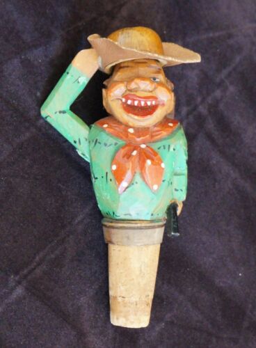 Vintage mechanical Anri wood wine stopper. Cowboy tips his hat