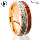🔥 Tungsten Ring Rose Gold IP Koa Wood Silver Meteorite Design Mens Wedding Band