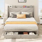 Queen Size Bed Frame w/Upholstered Headboard Storage Shelf+2 Drawers+USB Port