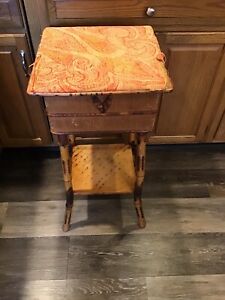 ANTIQUE Burnt Bamboo Rattan & Wood Sewing Box Plant Stand Side Table PALM BEACH