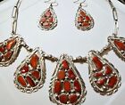 Vtg Navajo Sterling Silver Red Coral RainDrop Necklace/Earrings Set Old Pawn