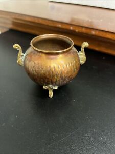 Vintage Miniature Copper Bowl W/Brass Handles & Feet Etched-2.25”x3”