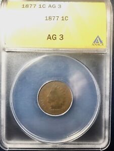 New Listing1877 Indian Head Cent - Key Date - ANACS AG-3