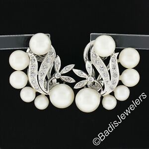 Vintage 14K White Gold Cultured Pearl & 0.25ctw Diamond Flower Cluster Earrings