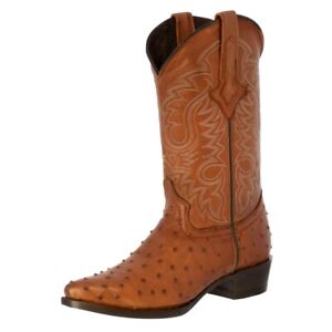 Mens Western Cowboy Boots Cognac Ostrich Quill Print Leather Point J Toe