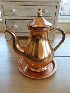 New ListingVintage ODI Stamped Solid Copper Coffee Pot W/ Brass Accents And Tray Portugal
