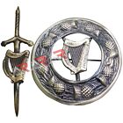Lyre Harp Kilt Pin & Brooch Badge Set Fly Plaid High Quality Antique Finish