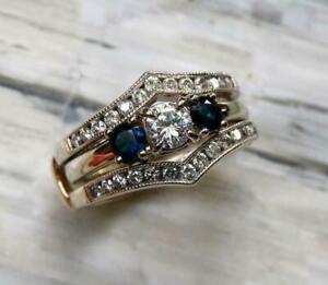 3.5Ct Sapphire Simulated Diamond Three Stone Bridal Ring Set 14K White Gold Over
