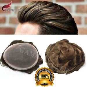 Mens Toupee 100% Human Hair piece  Fine Mono Durable Natural Wig for Men D7-3