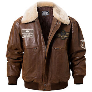 Flavor  Men's Leather Bomber Jacket Aviator with Removable C